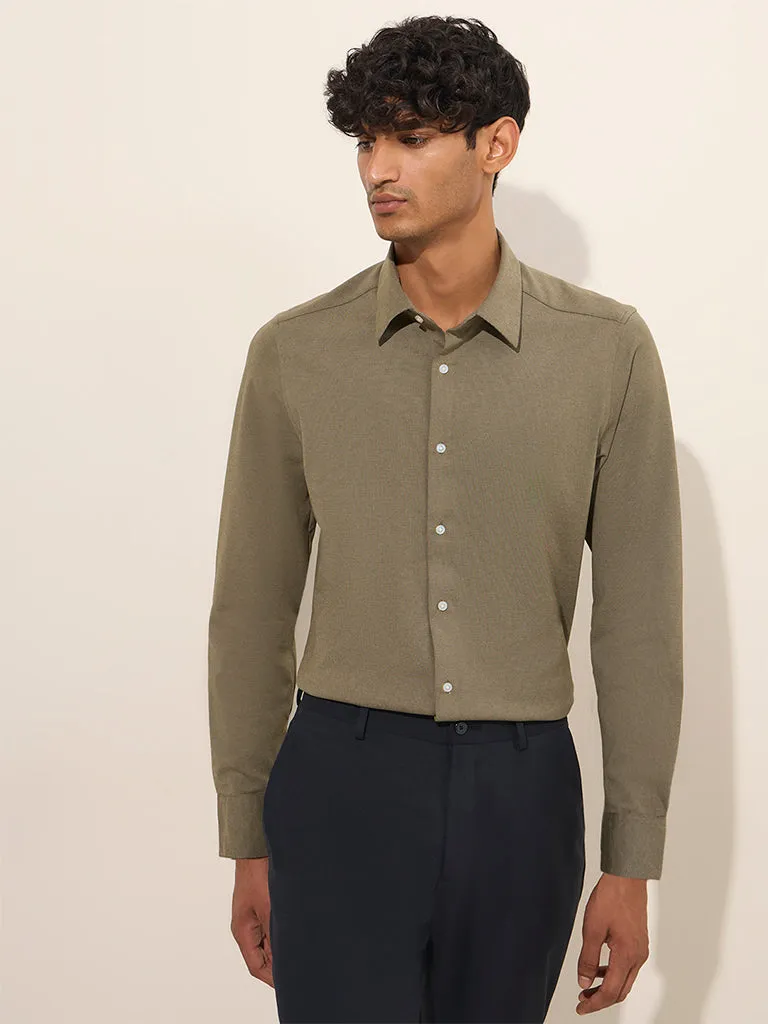 WES Formals Olive Slim-Fit Cotton-Blend Shirt