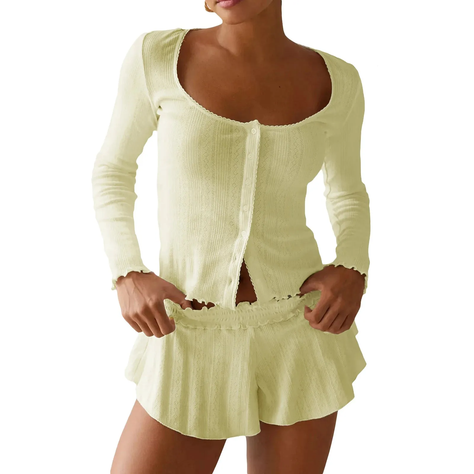 Women Y2K Pajamas Set Long Sleeve Button Down Top Ruffle Shorts Sets 2 Piece Lounge Outfits