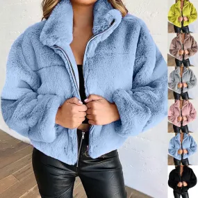 Women's Rabbit Fur Imitation Zipper Warm Plush Cardigans