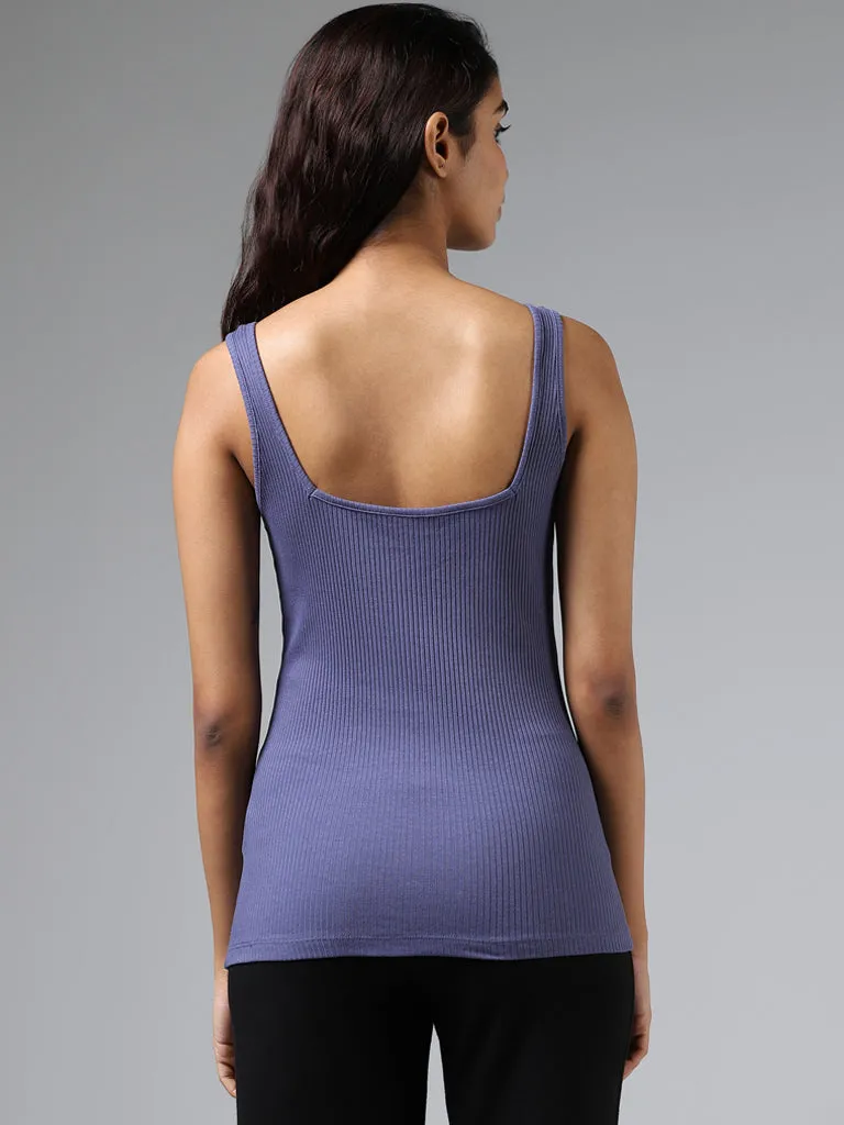 Wunderlove Blue Ribbed Square Neck Cotton-Blend Camisole